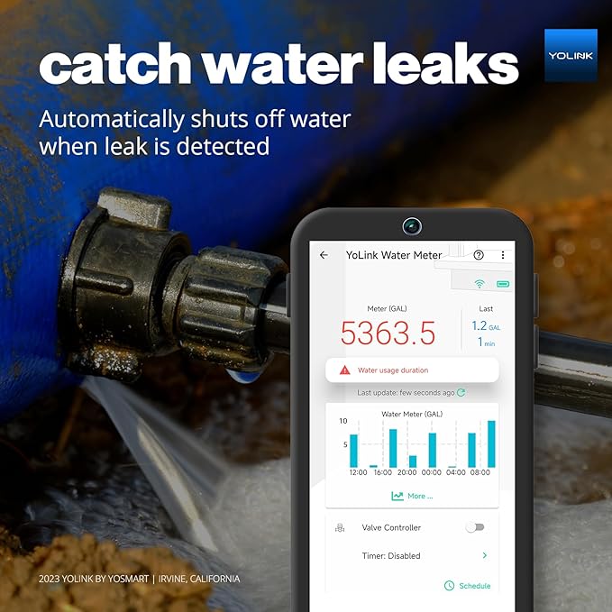NSF Certified Pulse Meter + Shutoff Valve Kit, 1/2", FlowSmart Controller YS5006 Reads Meter Pulses, Real-Time Usage & Leak Detection, Auto Shutoff (D2D Offline), LoRa Long Range, Hub Included