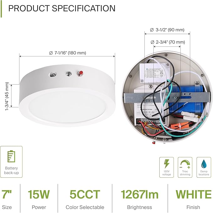 ASD LED 7" Round Flush Mount Ceiling Light Fixture, Low Profile Surface Lighting | 5CCT, Dimmable, Battery Backup, ETL Listed | 15W 1200LM 2700-6000K 120V | Kitchen, Bedroom, Hallway Lamp | White