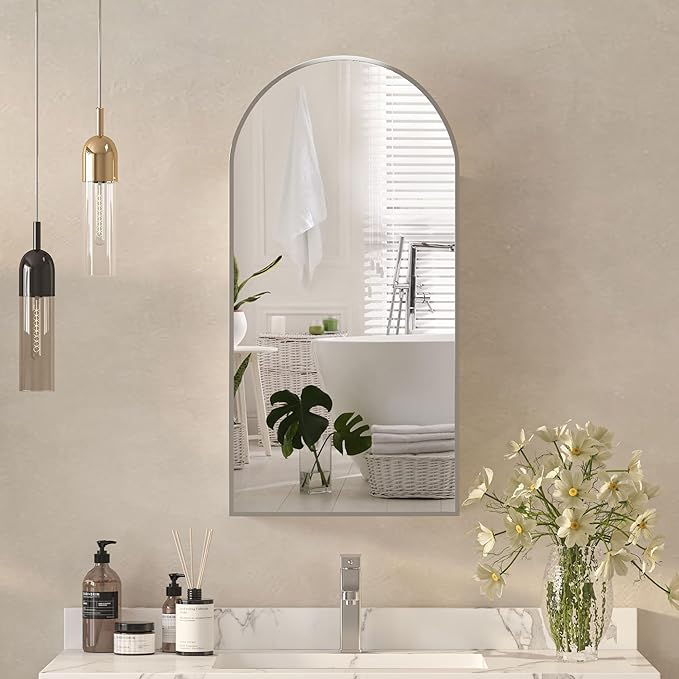 Arched Medicine Cabinets with Mirror,Wall Mounted Brushed Nickel Mirror Cabinet for Bathroom, Metal Edge,Arch Medicine Cabinet Mirror,Bathroom Mirror with Storage,16 x32 Inch