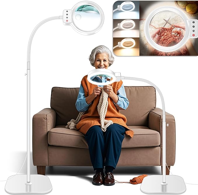 30X 10X Large Floor Magnifying Glass with Light and Stand,72 LED Flexible Gooseneck Floor Magnifying Lamp,2 in 1 Lighted Magnifiers for Close Work, Sewing,Crafts,Hobbies（White）
