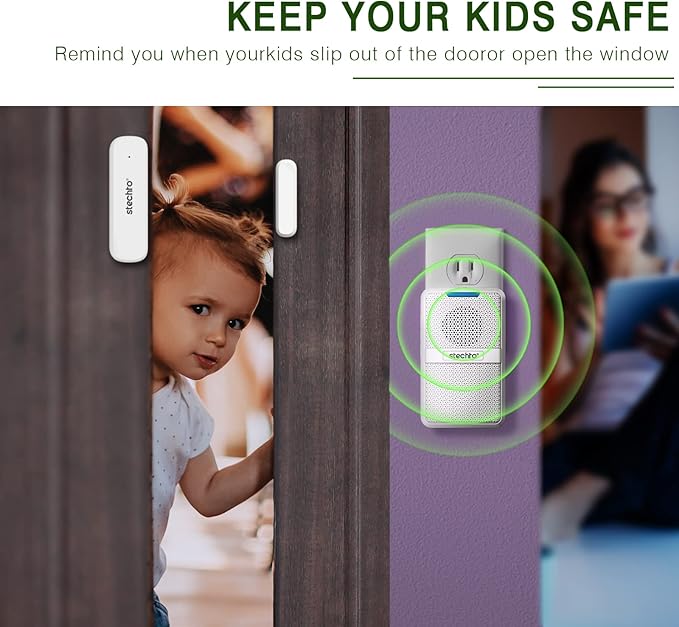 Door Chime,Wireless 600Ft Range 5 Adjustable Volume 1 Magnetic Door Open Contact Sensor with 62 Chimes Mute Mode Door Bell Plugin Receiver for Home/Office/Store White (Receiver+Sensor)