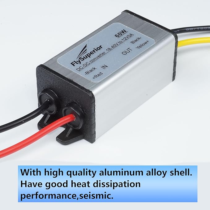 FlySuperior DC 24V/36V to 12V Step Down Converter Reducer Regulator, 5A, 60W Power Adapter, Waterproof Design, Suitable for Cars, Trucks, Vehicles, Boats, Engines, Solar Systems,LED. (DC 18V-40V)