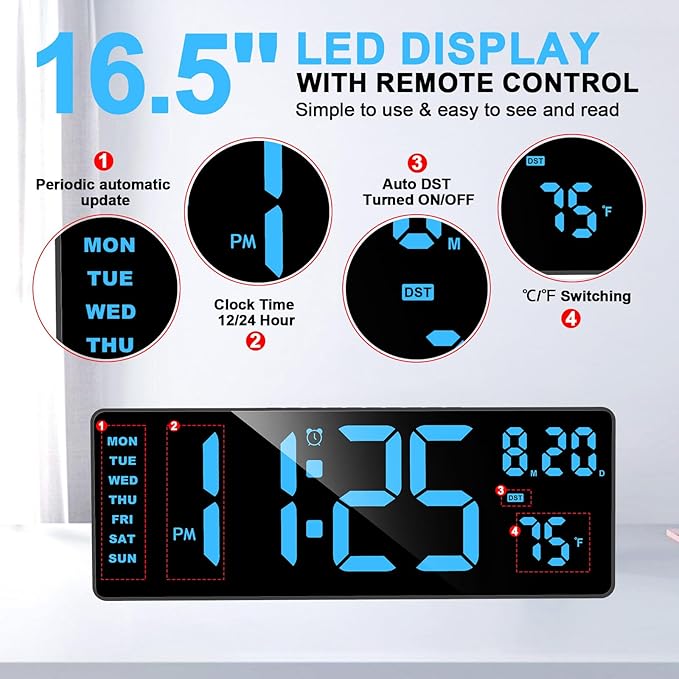 XREXS Digital Wall Clock Large Display, 16.5" LED Wall Clock with 6 Color Changes Night Lights, Auto DST, Count Up/Down Timer with Remote Control for Living Room Bedroom Office Wall Decor