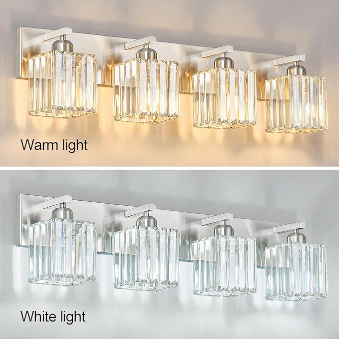 FDPBY Modern Vanity Light 4-Lights Brushed Nickel Vanity Light Crystal Bathroom Wall Light Bathroom Light Fixtures