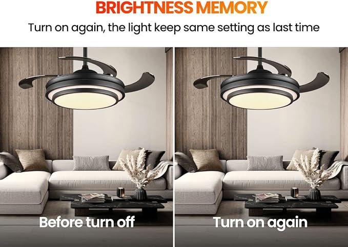 LIGHTIMES 36 Inche Modern Black Ceiling Fan with Dimmable LED Light, Retractable Celing Fan with APP/Remote Control, 6 Speed,for Bedroom Live Room