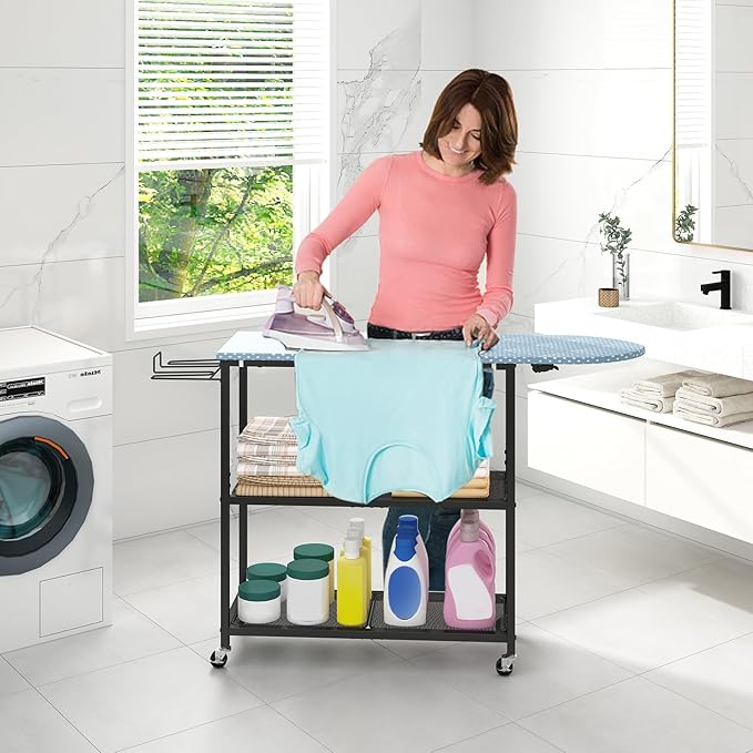 GILLAS Ironing Board with 2 Tier Storage Basket, Movable Ironing Board Full Size for Iron Rest & Clothes, Tabletop Ironing Boards, Ironing Stand Iron Boards Ironing Table Rustic Blue
