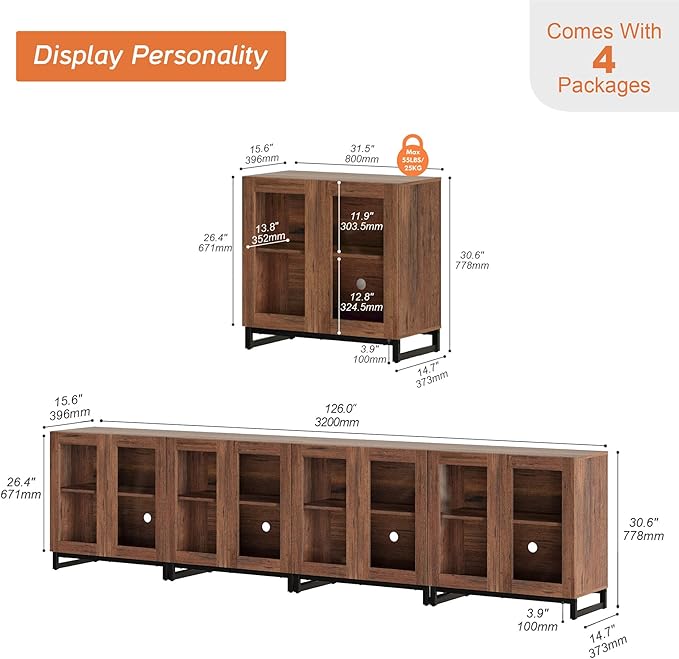 WAMPAT Modern TV Stand with Glass Doors for 120 inch TVs, 4 in 1 Entertainment Center Console with Adjustable Shelves and Metal Base for Living Room, Bedroom, Brown