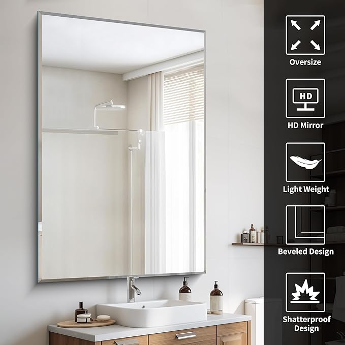 CILIBER 60x40 Large Beveled Mirror, Frameless Beveled Bathroom Mirrors for Over Sink, Upgraded Shatterproof Beveled Frameless Vanity Mirror for Bathroom,Bedroom,Living Room and Entryway