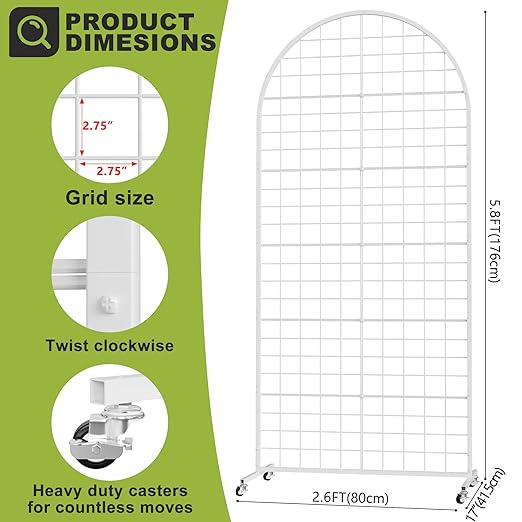 VGMiu Grid Wall Panel 1PCS Display Stand 2.6' x 5.8' FT White Grid Wall Panels Movable Retail Display Racks Floorstanding Gridwall Heavy Duty with Wheel for Art Craft Photo Displays Fair Trade Show