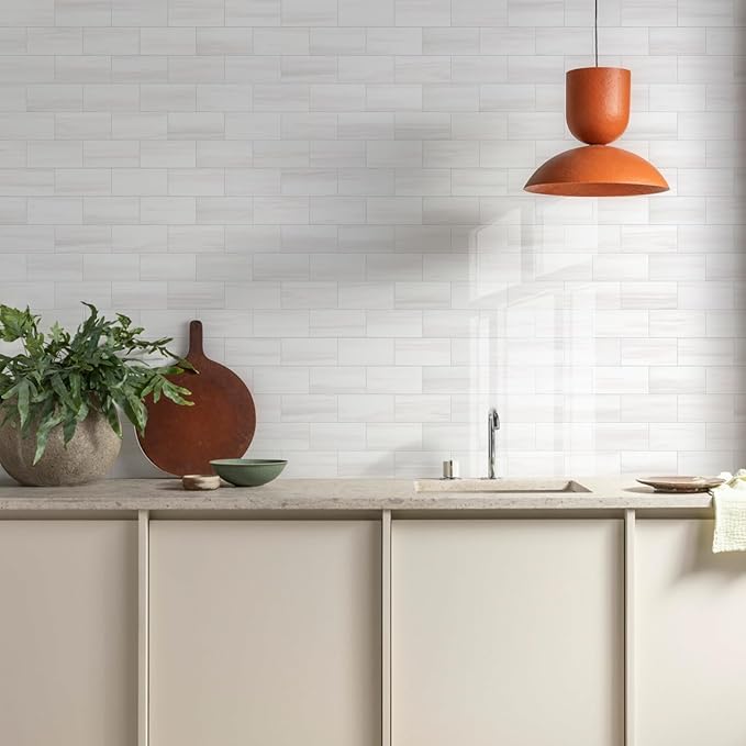 Vamos Tile 4-Piece Glossy Dolomite White Peel and Stick Backsplash Tile,3''x6'' PVC Subway Tile with White Grout, Stick on Backsplash for Kitchen/Bathroom/Fireplace