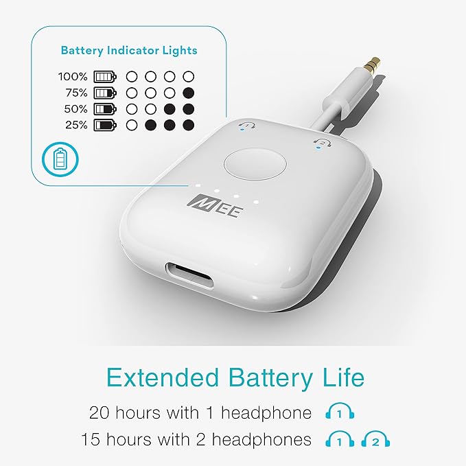 MEE Audio Connect Air in-Flight Bluetooth Wireless Audio Transmitter, with Extra Dual 3.5mm Jack AUX Adapter, for up to 2 AirPods/Other Headphones; Works with All 3.5mm Aux Jacks, White