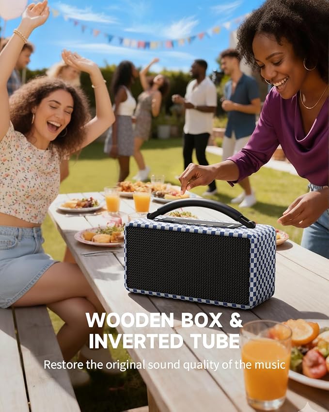 DINDIN Portable Bluetooth Speaker: 80W (Peak), 20H Playtime, Loud Wireless Wood Speakers with Bass, AUX and USB Input, Subwoofer, TWS Pairing, Vintage Speaker for Outdoor, Home, Office (Blue+White)
