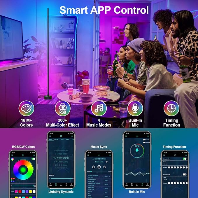 Miortior Corner Floor Lamp - Smart RGB LED Corner Lamp with App and Remote Control, 16 Million Colors & 68+ Scene, Music Sync, Timer Setting - Ideal for Living Rooms, Bedrooms, and Gaming Rooms