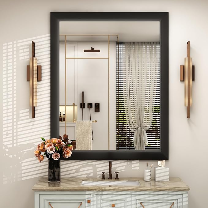 SMIROR Matte Black Bathroom Mirror for Over Sink 36x 30 inch, Metal Thick Frame Rectangle Vanity Mirror for Wall, Anti-Rust, Horizontally or Vertically Mounted