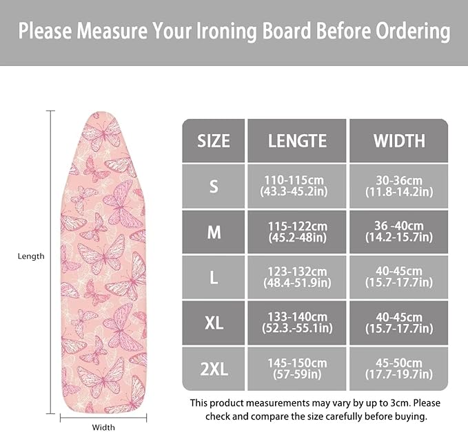 ZCFYGDX Breathable Ironing Board Cover Decor, Resist Scorching & Staining, 15x54 Wear & Soil Resistant Covers, Elastic Edges,3 Fasteners,Anti-Scorch Polyester Butterfly Pattern Pink Print