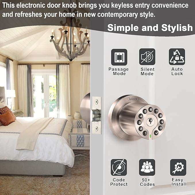 iulock IU-20 Code Door Lock, Electronic Door Knob with Keypad and Key, Auto Lock, Waterproof, Passage Function, Long Battery Life,50 Codes, Easy to use and Install for Office/Warehouse/Bedroom/Garage