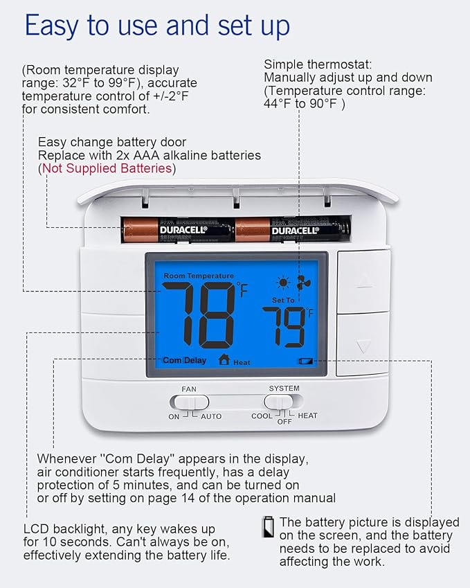Aowel Non Programmable Thermostat for Home 1 Heat/ 1 Cool Single-Stage System, with Room Temperature Monitor (LCD Blue Backlit Screen)