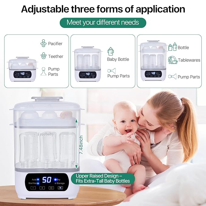 Freebaby Baby Bottle Steamer and Dryer,All-in-One Sterilizer and Dryer for All Baby Bottle,Bottle Sanitizer for Pacifiers&Breast Pump Parts, with LED Screen and Auto-Off