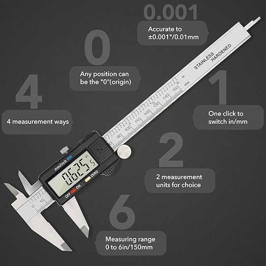 Digital Caliper Precise Measuring Tool, Vizbrite 6 inch Stainless Steel Electronic Vernier Calipers with Auto-Off Large LCD Screen, Accurate to ±0.001in/0.01mm, Easy Use Caliper
