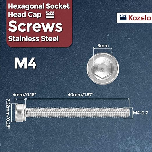 Kozelo 30pcs Socket Head Cap Screws - [M4-0.7 x 40mm] 304 Stainless Steel Allen Socket Drive for Electrical Motor 3D Printing Fan Engine Replacement Use, Silver