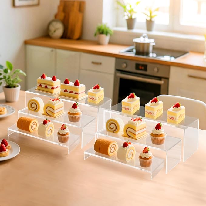 Blaithom Acrylic Display Riser Stand,6Pcs 12'' Length Tier Display Stands, Thickened to 0.2''(5mm) Acrylic Shelf Risers for Perfume Display,Risers for Buffet Table,Cupcake Stand,Pop Figurines,Tumbler,Food