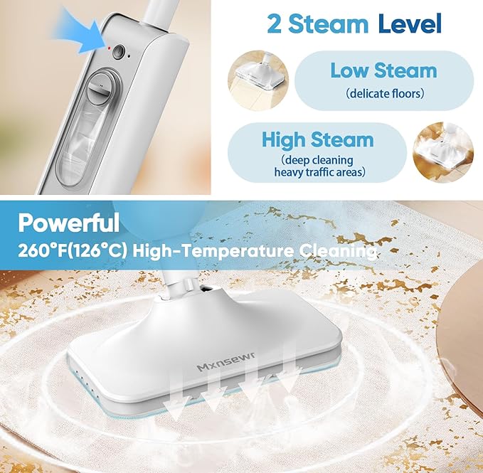 Mxnsewr Steam Mop All-in-one Multi-Functional Powerful Steam Cleaner, Handheld Detachable Floor Steamer with 2 Steam Level, 380ML Water Tank & 23FT Power Cord for Whole Home Use（White)