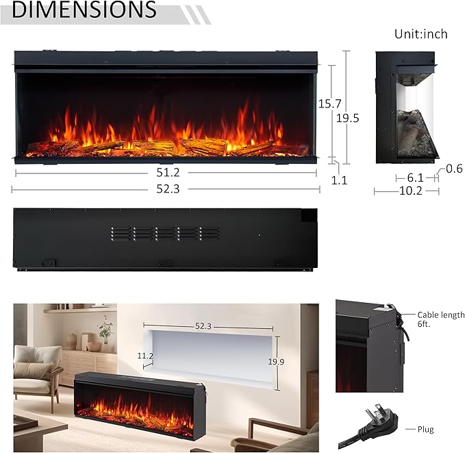 LegendFlame 51" W Smart Build in Electric Fireplace Insert, 1-2-3 Sided View, Heater 750W/1500W, Multi Colors of Flame & Fuel Bed, Alexa/Google Assistant Enabled