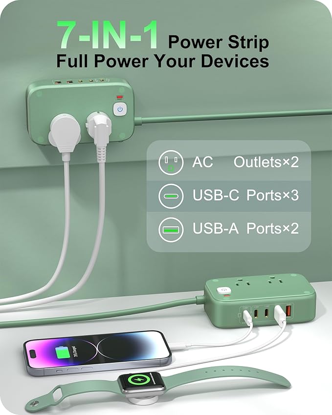 KWRNVO 5FT USB Charging Station with Outlets, Flat USB C Travel Power Strip PD 20W Charger with 2500W AC Outlets, 3 USB-C Ports, 2 USB-A Ports Extension Cord for Home/Office/Travel