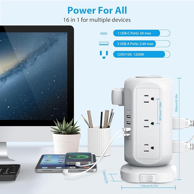Tower Power Strip Flat Plug with 12 Outlets 4 USB(1 USB C),AOFO Surge Protector Charging Station with Overload Protection, Widely Spaced Multiple Outlets 10Ft Extension Cord for Home, Dorm,Office