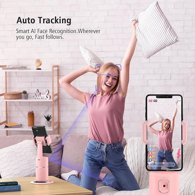 camrola Auto Face Tracking Phone Holder, No App Required, 360° Rotation Face Body Phone Tracking Tripod Smart Shooting Camera Mount for Live Vlog Streaming Video, Rechargeable Battery-Pink