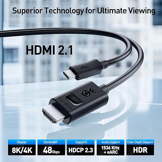 Cable Matters Unidirectional USB C to HDMI 2.1 Cable - 3ft, Support 4K@240Hz and 8K@60Hz, HDR - Thunderbolt 4, Thunderbolt 5, USB 4 Compatible with MacBook Pro, XPS, ThinkPad - Max 4K@60Hz on macOS