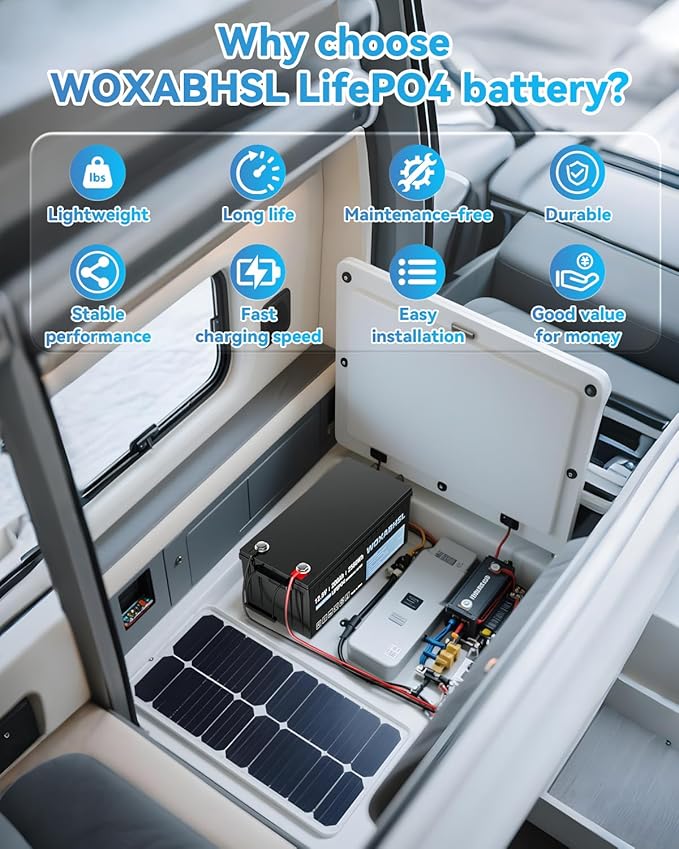 WOXABHSL 12V 200Ah Lithium LiFePO4 Battery, Built-in 200A BMS, 2560Wh Energy Storage, Iron Phosphate 4000-15000 Deep Cycles Battery for Solar, Trolling Motor, RV 1PCS