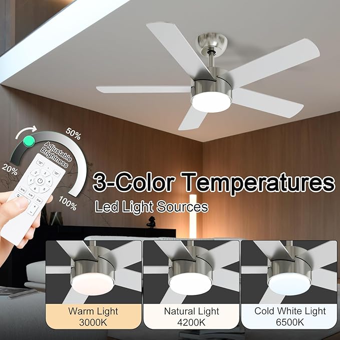 POCHFAN 42 Inch Brushed Nickel Ceiling Fans with Lights,Ceiling Fan with Remote Control,Reversible DC Motor,3 CCT 6-Speed,Noiseless Ceiling Fan for Bedroom,Living Room,Dining Room,ETL Listed