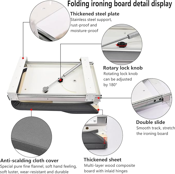AKOZLIN Retractable Pull Out Ironing Board Closet Sliding Out Swivel Iron Board Mounted in Drawer with Heat Resistant Ironing Cover, Board Size: 31.88"*13", Gray