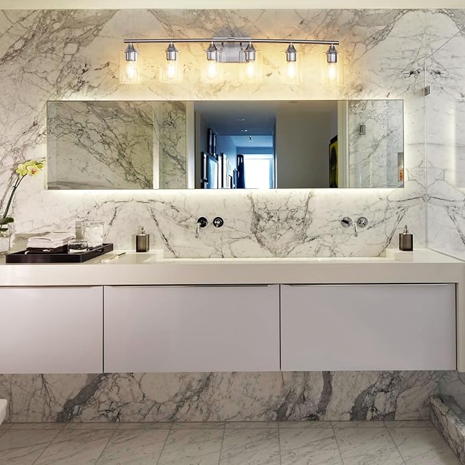 XPEHK 6-Light Bathroom Lighting Fixtures Over Mirror,Brushed Nickel Light Fixture Bathroom,Vanity Light with Clear Glass Shade,Modern Wall Lights for Mirror Bedroom Living Hallway