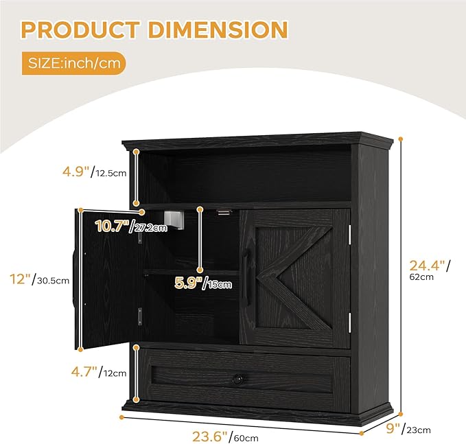 Bathroom Wall Cabinet, Wall Mounted Medicine Cabinet with Drawer, Barn Door & Adjustable Shelf, 24.4"H x 23.6"W x 9"D Black Over Toilet Farmhouse Storage Cabinet for Kitchen, Laundry, Entryway