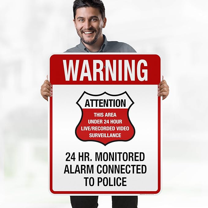 Warning 24 HR. Monitored Alarm Connected To Police Sign, 24x30 Inches, 3M EGP Reflective, Rust Free .080 Aluminum, Fade Resistant, Made in USA by My Sign Center