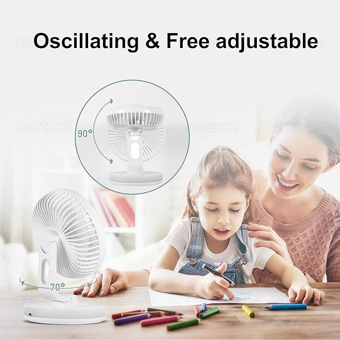MAWFOZIN Small Desk Fan With Night Light, Auto Oscillating Table Fan With 3000mAh Rechargeable Battery, USB Personal Fan With 4 Speeds Wind, Adjustable Fan For Home, Office Bedroom, Camping (white)