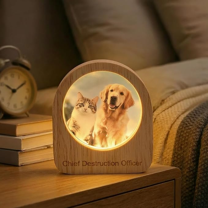 Yijhpbc Custom 3D Crystal Photo Night Light Personalized Photo Crystal Ball Engraved Picture Lamp with Wood Base Memorial Gift for Pets Family Couple Birthday Valentine's Day (Style 1)