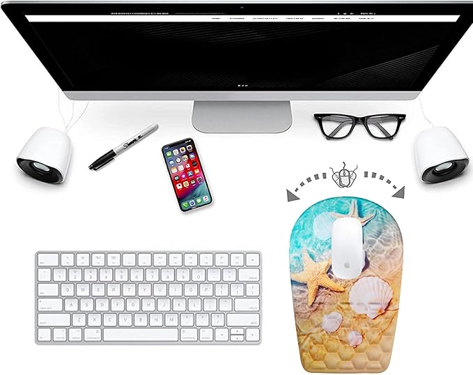 BOCHEERY Ergonomic Mouse Pad Wrist Support,Upgrade Mousepad with Massage Design,Non-Slip PU Base Desktop Mouse Pads for Pain Relief, Computer, Office & Home,12 x 8 in（F-Starfish and Seashell ）