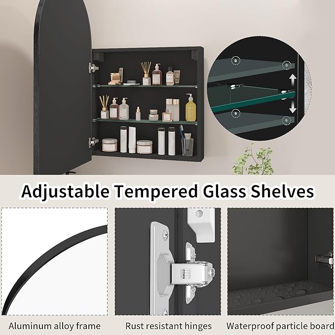Bathroom Medicine Cabinet with Mirror, Arched Medicine Cabinet Wall Mounted, Modern Vanity Mirror with Storage, Mirrored Cabinet with Adjustable Shelves, Not Recessed, 20x32 Inch,Black
