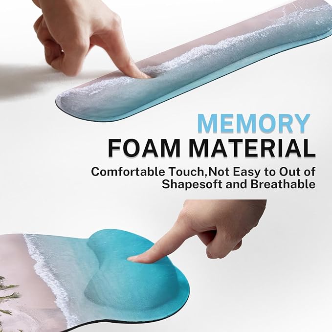 Britimes Blue Turquoise Ocean Keyboard Mouse Pad Set Beach Summer 4in1 Large Mousepad+Keyboard Wrist Rest+Mouse Wrist Rest+Coaster Ergonomic Design for Home Office Computer 35.4x15.7 inches