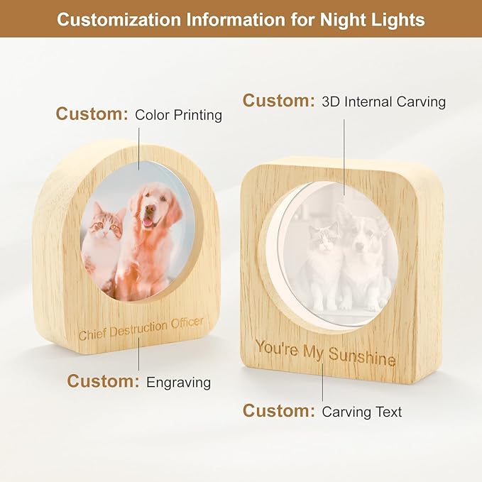 Yijhpbc Custom 3D Crystal Photo Night Light Personalized Photo Crystal Ball Engraved Picture Lamp with Wood Base Memorial Gift for Pets Family Couple Birthday Valentine's Day (Style 1)