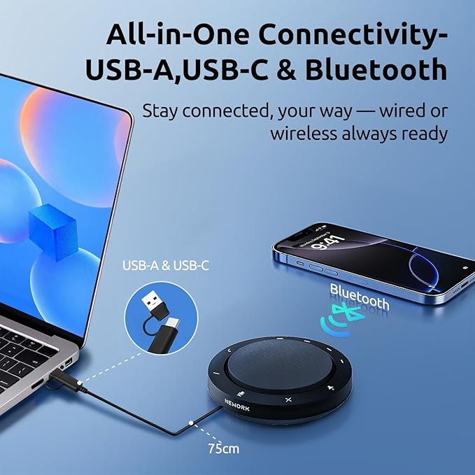NEWORK Bluetooth Speakerphone for Conference Calls – AI Noise Reduction, 2 Mics, 5W Speaker, USB-C & USB-A Adapter, 10-14H Playtime, Compatible with Zoom/Teams/Skype/Meet
