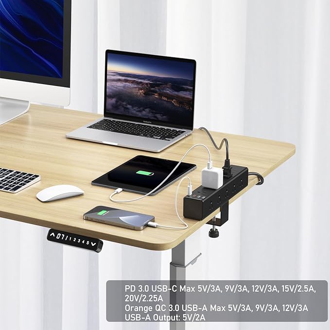 CCCEI Standing Desk Clamp Power Strip with 15 Outlets, Black Desktop Edge Mount Surge Protector Outlet, Fast Charging USB-A and 45W USB-C Ports, 4 FT Flat Plug, Black Fit 1.6 inch Table top.