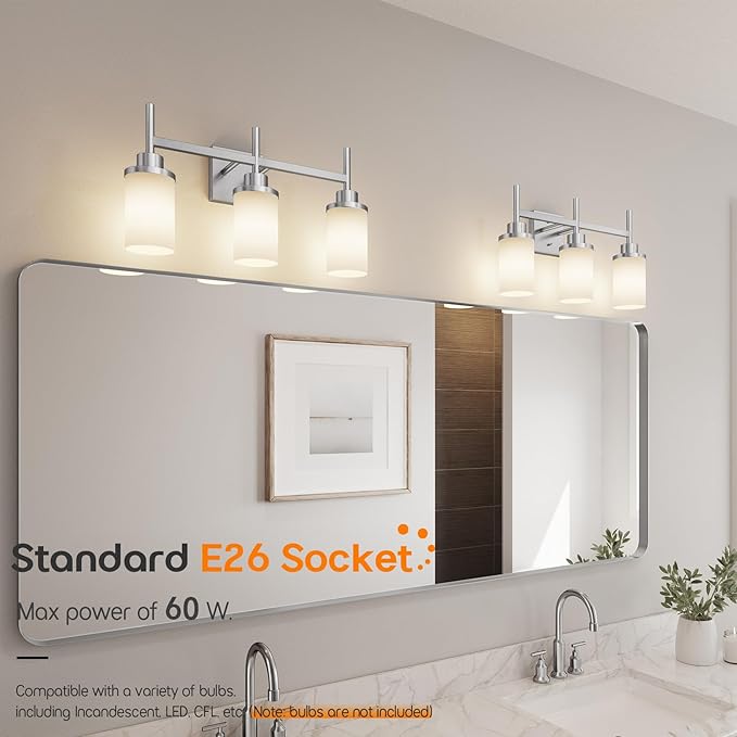 AONEON Bathrom Light Fixtures Brushed Nickel 3-Light with White Frosted Glass Shade, Modern Wall Lamps Over Mirror for Bath Washroom Living Room T001BR-L3