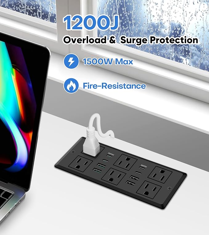 Recessed Power Strip with 45W USB C, Furniture Desk Flush Mount Outlet, Ultra Thin Flat Plug Power Strip, 6 Outlets & 8 USB Ports, 10FT Cord (Black)