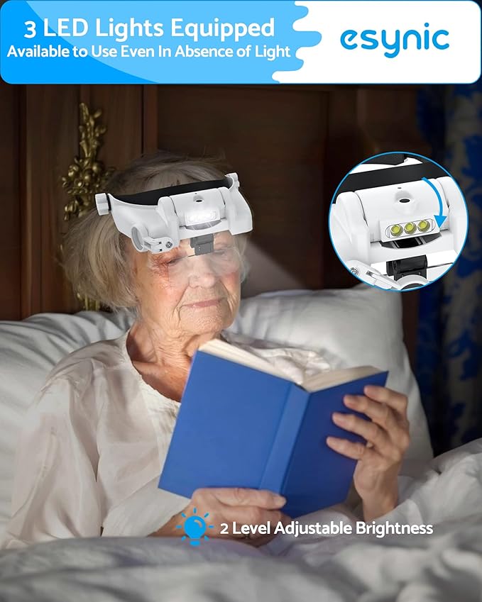 eSynic Comfortable Head Magnifier with Light Storage Case Rechargeable 1X-14X 5 Acrylic Lenses Double Lens Design Adjustable Headband Magnifying Glass for Reading Crafts Jewelry Repair Close Work