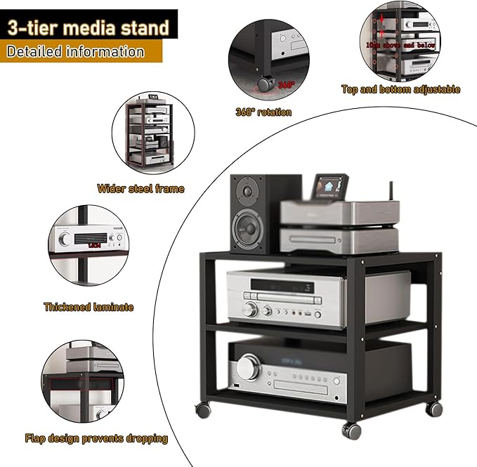 Dernoing 3 Tier Audio Rack Tower, CD Record Player Stereo Receiver AV Equipment Cabinet Display Rack, Weight Capacity 661 lbs, with Adjustable Wooden Shelves for Home (3 Tier Black)