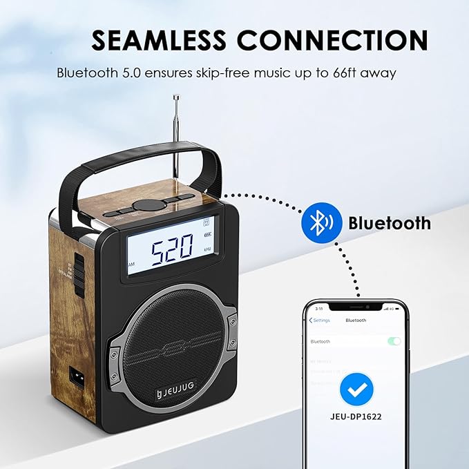 JEUJUG Radio Portable AM FM Digital Radios Clock Radio with Bluetooth 5 Watts Loud Speaker Rechargeable AM FM Radios Plug in Wall Battery Operated Best Reception for Home Outdoor Great Retro